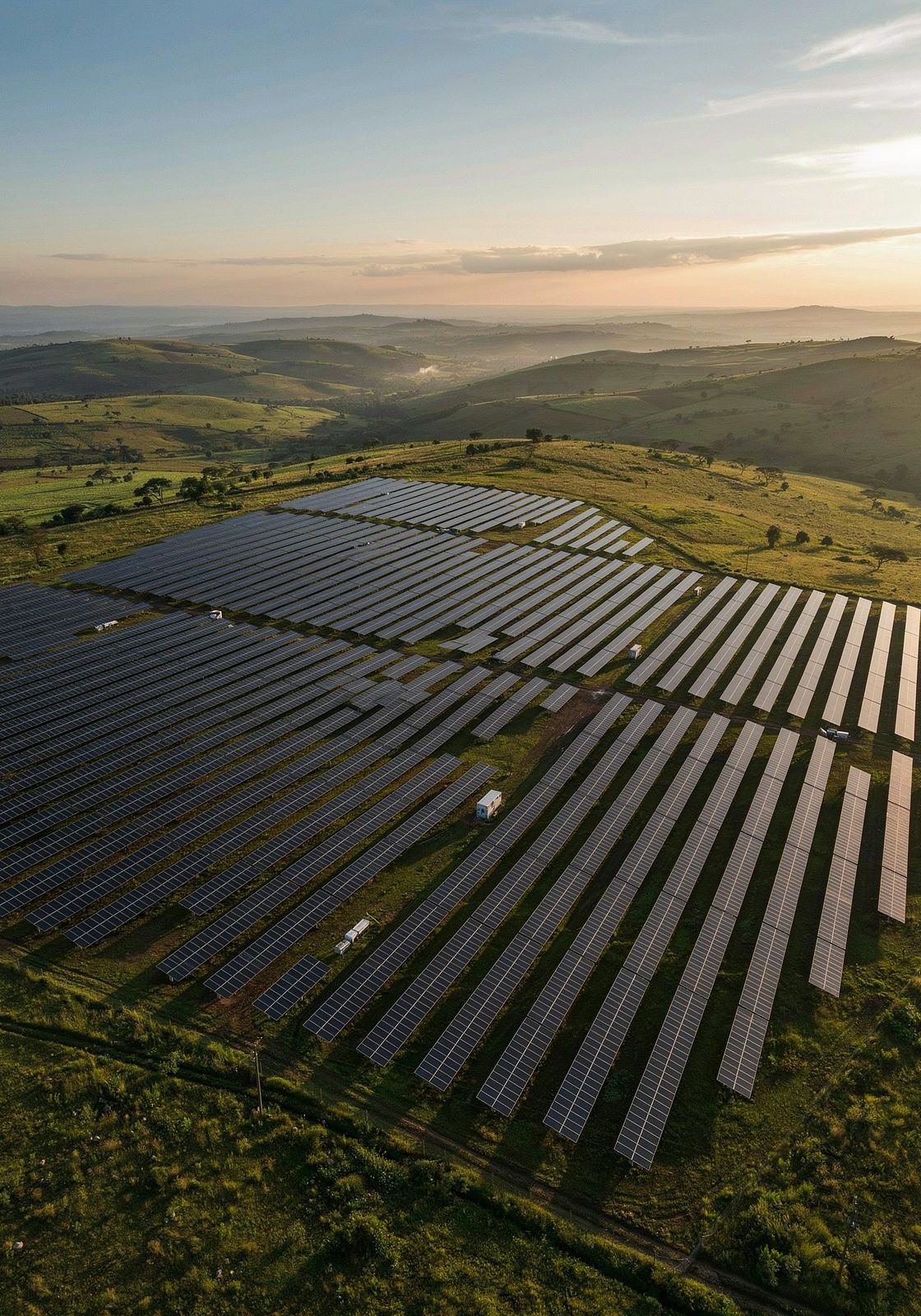 Illustration d’une installation photovoltaïque au sol dans un paysage vallonné